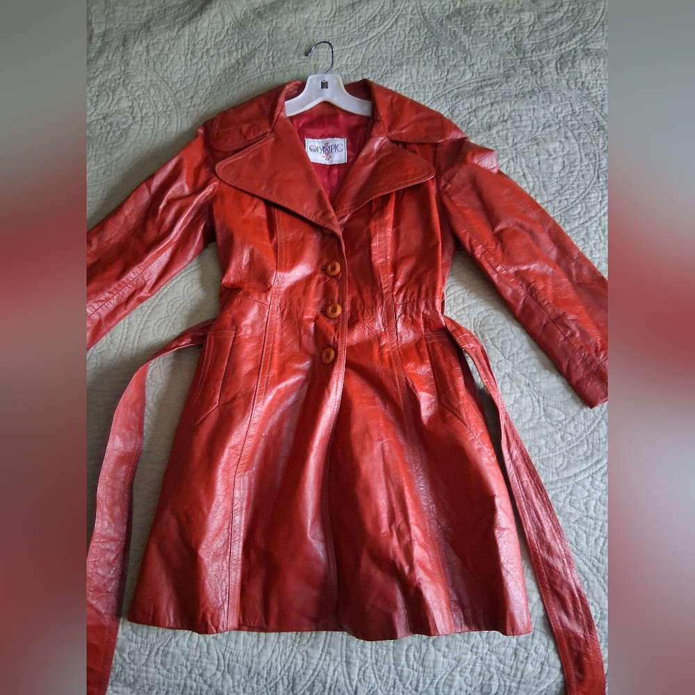 RARE 70s Vintage Olympic USA BOHO Leather Womens Trench Coat Sz 10 Burnt Orange